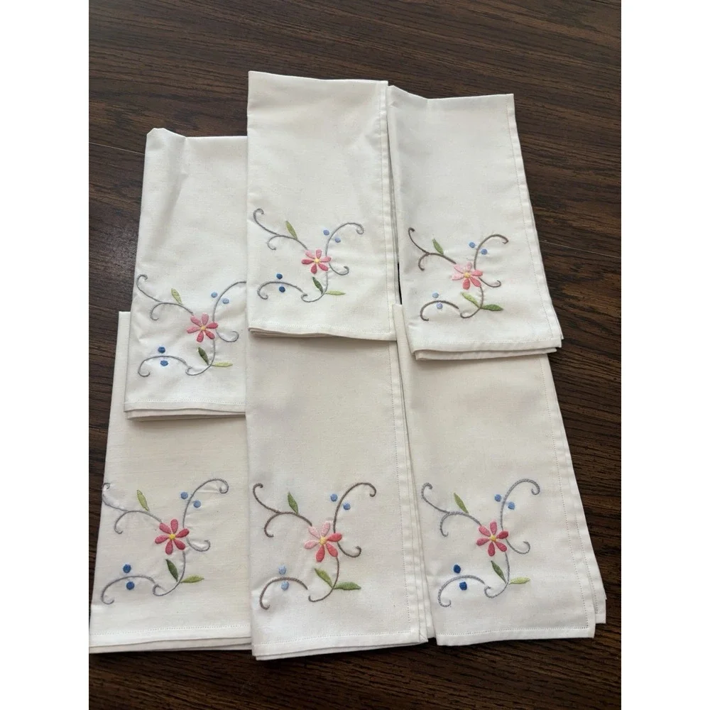 Vintage Embroidered Linen Napkins Set of 6 Floral Pink Blue Hemstitched 16x16